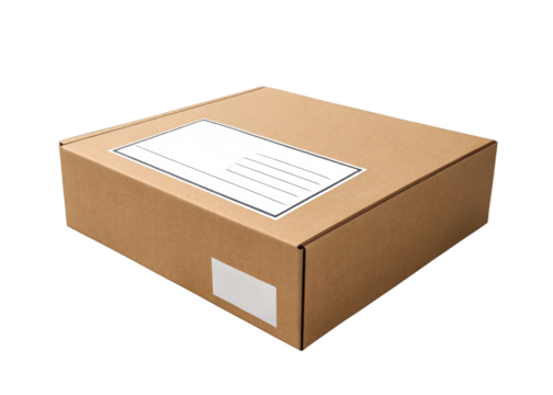  Flat shipping box with blank label area for branding isolated on a transparent background.