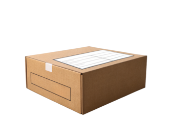 Flat shipping box with blank label area for branding isolated on a transparent background.