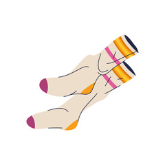 Vector icon of socks or foot textile accessory. Clipart of isolated footwear or clothing element. Cotton or wool cloth symbol. Garment emblem for undergarment fashion style. Foot wardrobe and fabric.