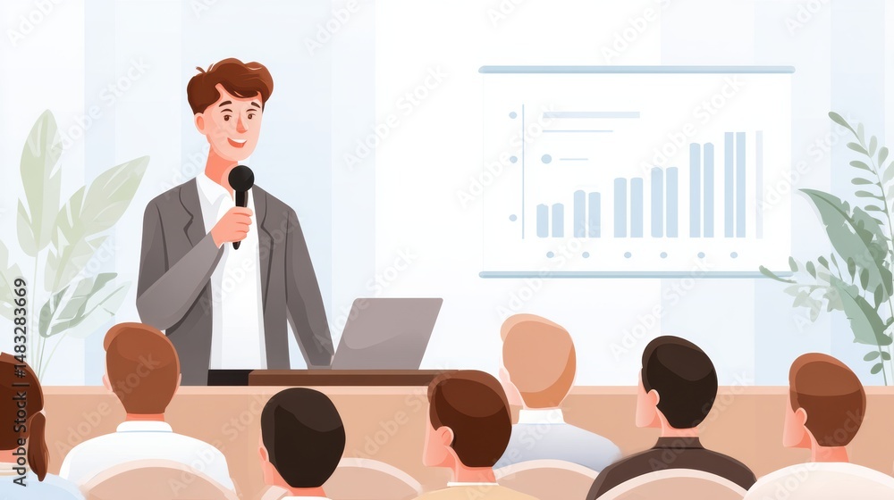 Poster a man gives a business presentation with a microphone to an audience, showing a bar graph on a scree