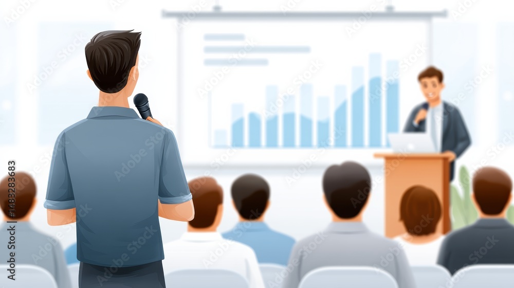 Poster a man asks a question during a business presentation, where another speaker stands at a podium with 