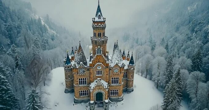 Aerial drone view of Peles Castle covered with snow during the winter season.