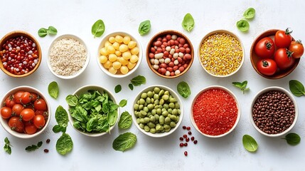 Naklejka premium Various healthy grains and legumes arranged in small bowls.