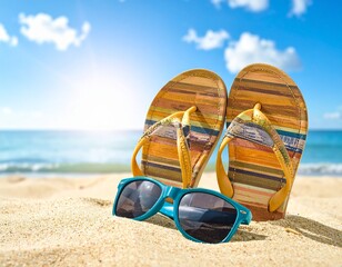 Sandals with sunglasses at the beach 