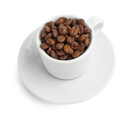 Ceramic cup with roasted coffee beans isolated on white