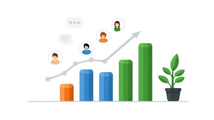 Bar chart with people icons, upward trend line, and plant symbolizing business growth and team development.