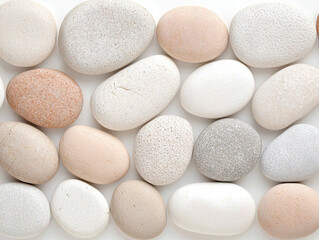 Smooth pale pebbles arranged in seamless pattern, showcasing natural textures and neutral tones for calming aesthetic