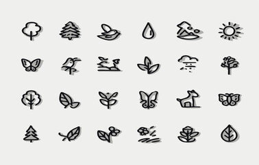 Fototapeta premium Environment Line Icons Vector Set – Editable Nature Icons of Plants, Animals, Insects for Mobile Apps & Infographics