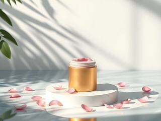 Golden cosmetic jar with pink gel product inside, luxury skincare product concept..