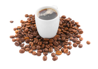 Aromatic coffee in cup and beans isolated on white