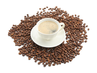 Aromatic coffee in cup and beans isolated on white
