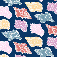 Seashells hand-drawn colorful seamless pattern. Nautical seamless vector background for summer, beach, textile, packaging