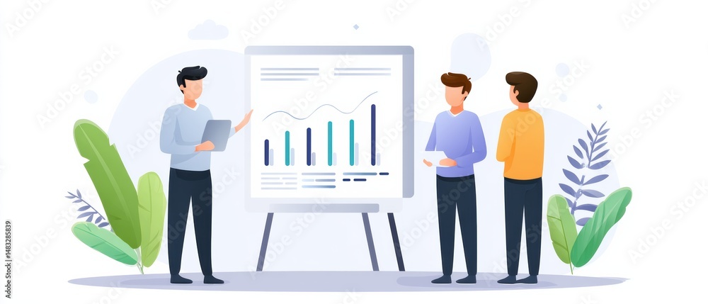 Poster three people discuss data and charts on a presentation board in a modern, collaborative office setti