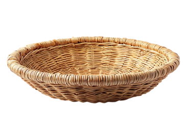 Empty woven wicker basket, shallow depth of field on white. Rustic, handcrafted design ideal for food, home decor, or harvest themes.  Represents simplicity, nature, and potential.