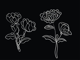Elegant Line Art Floral Designs Two White Flowers on Black Background