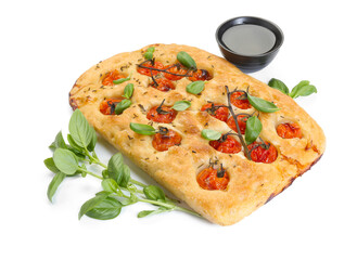Delicious focaccia with tomatoes, spices and oil isolated on white