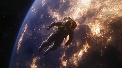 Astronaut adrift in space, Earth's glowing cities below. A lone figure in a spacesuit floats in the vastness of space, the Earth's illuminated cities - Powered by Adobe