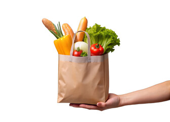 Hand holding a shopping bag with items inside isolated on a transparent background.