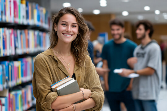 Young woman smiling in library while holding books, surrounded by fellow students engaged in conversations during a study session in the afternoon