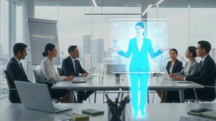 A futuristic business meeting with a holographic presenter engaging a diverse team in a modern office - Powered by Adobe