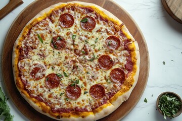 Delicious, round pizza with melted mozzarella cheese, pepperoni slices, and fresh basil.  Appetizing, baked, and ready to eat