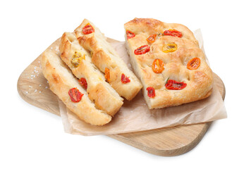 Pieces of delicious focaccia with tomatoes isolated on white