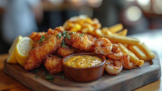 Crispy seafood platter with fries