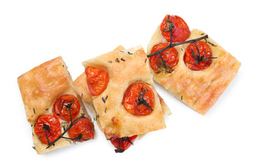 Pieces of delicious focaccia with tomatoes and spices isolated on white, top view
