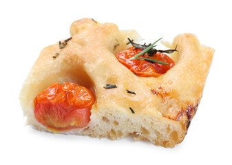 Piece of delicious focaccia with tomatoes and spices isolated on white