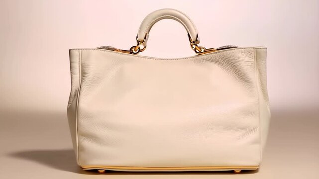 Elegant ivory leather satchel purse with golden metal details, featuring top handles and a simple, modern design isolated on a neutral surface.