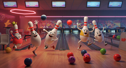 Animated bowling pins in a bowling alley