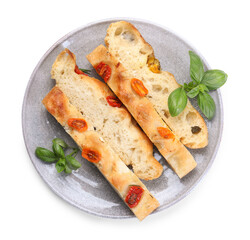 Pieces of delicious focaccia with tomatoes and basil isolated on white, top view