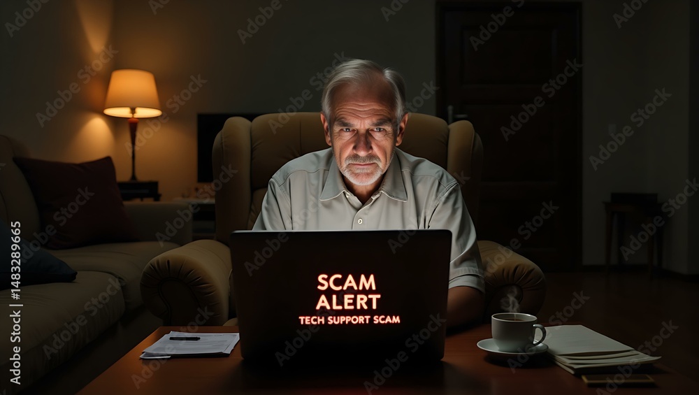 Poster tech support fraud alert for elderly internet user