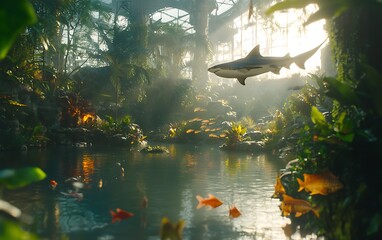 Lush underwater jungle with shark
