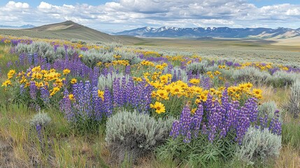 Spring wildflowers bloom in a vast, high-altitude meadow.  Vast expanse of vibrant wildflowers, including lupines and daisies, in shades of yellow and purple, 
