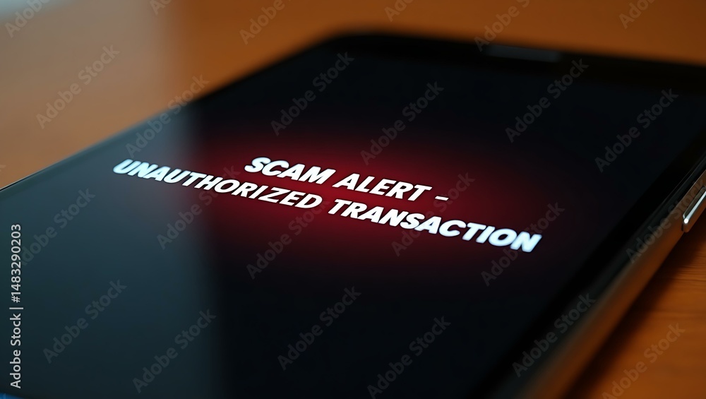Poster unauthorized transaction warning on mobile device screen