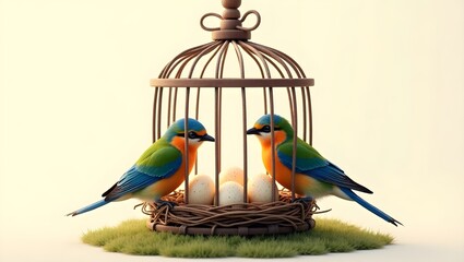 Obraz premium Colorful Birds Guarding a Nest of Speckled Eggs in a Whimsical Cage