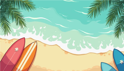 vector illustration of multiple surfboards lined up vertically along the bottom edge of the image, with a top-down view of clear blue ocean water in the background. The water has light reflections 