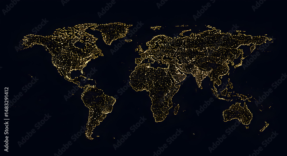 Poster detailed world map displaying global network of glowing golden light dots on dark backdrop abstract 