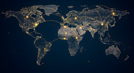 Detailed World Map Showing City Lights and Global Network Connections Against Dark Blue Background Symbolizing Global Connectivity