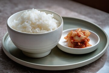 A bowl of fluffy white rice sits beside spicy fermented cabbage, a simple meal offering a contrasting flavor profile on a light green plate.