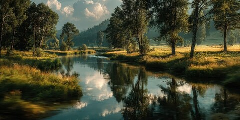 Obraz premium Tranquil river surrounded by lush trees and mountains during golden hour in a serene landscape