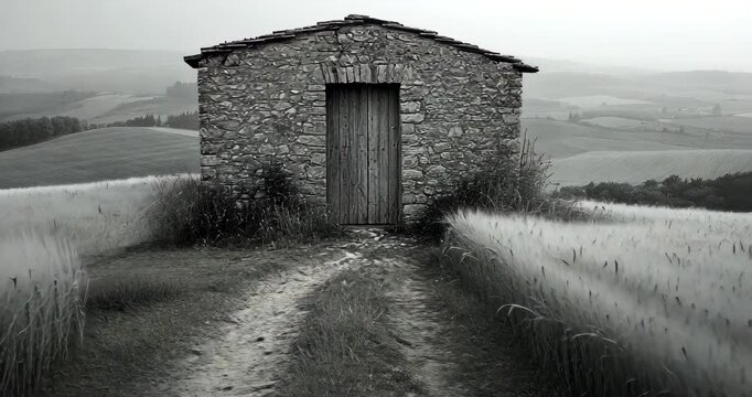 Static shot of an old stone barn in a field of wheat, with rolling hills in the background.