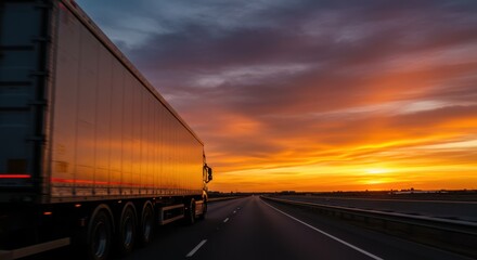 Obraz premium Truck on highway at sunset representing transportation and logistics with dramatic sky