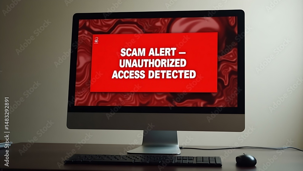 Poster scam alert message on computer screen warning of unauthorized access