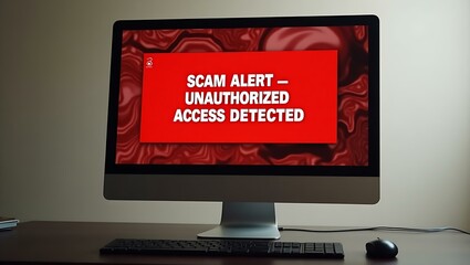 Scam Alert Message on Computer Screen Warning of Unauthorized Access