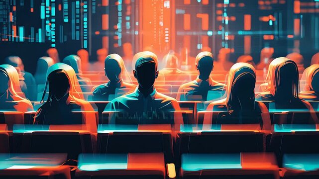 Audience Sitting in Theater with Futuristic Neon Lights and Digital Cityscape Background for Immersive Event Experience
