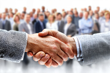 Business professionals engage in a handshake during a corporate event, surrounded by an audience in a blurred background, indicating networking and partnership opportunities