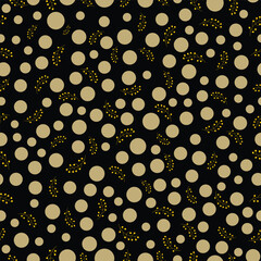 Seamless polka dot pattern with golden Abstract Floral Branch and beige circles on a rich black background. perfect for textile design, wrapping paper and surface print projects.