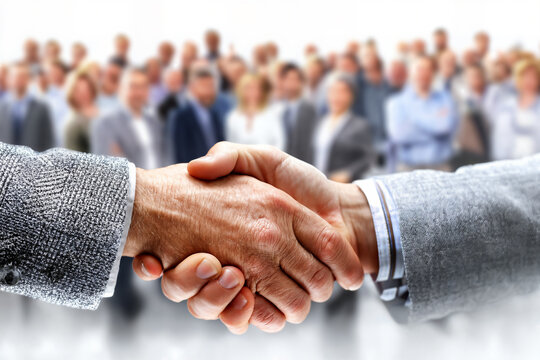 Business professionals engage in a handshake during a corporate event, surrounded by an audience in a blurred background, indicating networking and partnership opportunities